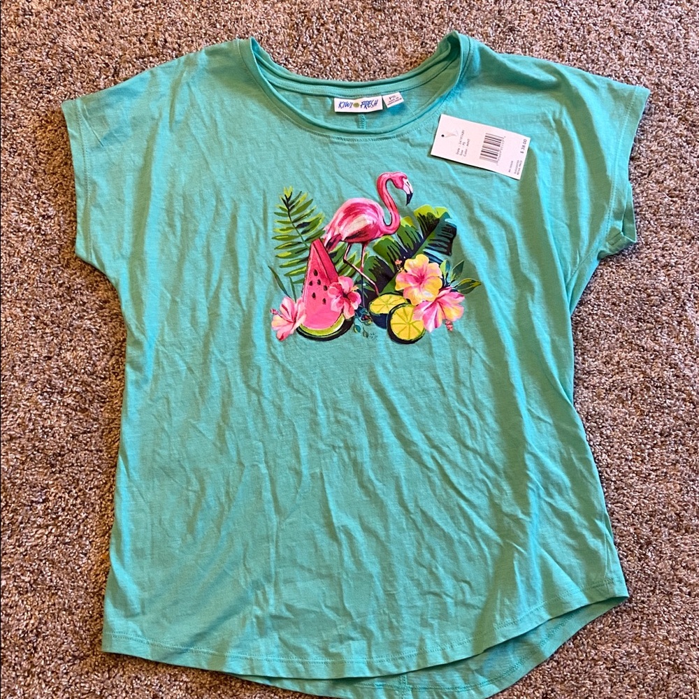 Kiwi Fresh Aqua Tee with Flamingo and Watermelon